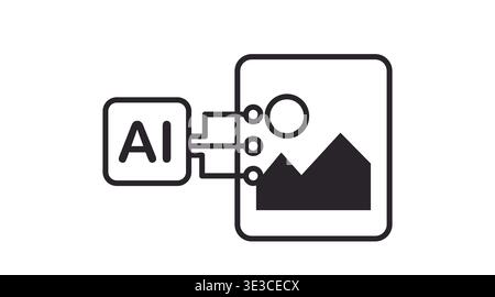 Black line icon of an image placeholder with AI letters and circuit connections. Stock Vector
