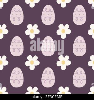 Seamless easter egg pattern with simple daisy flowers in pastel colors. Perfect for textile, wrapping paper, and surface design. Cute modern spring Stock Vector
