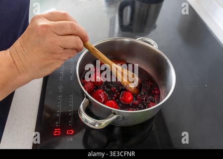 Person making homemade fruit compote or jam by stirring fresh mixed berries in a stainless steel pot on an induction stovetop Stock Photo