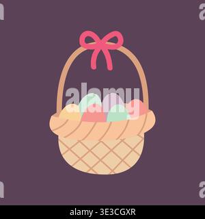Cute easter basket with colorful eggs in flat pastel style. Perfect for holiday design, greeting cards, and seasonal decoration. Simple modern spring Stock Vector