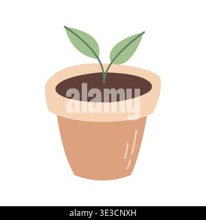 Minimal plant pot with young sprout in flat style. Perfect for gardening, eco, and home decor design. Simple botanical illustration for modern Stock Vector