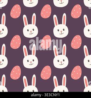 Seamless easter pattern with cute bunny faces and decorated eggs. Perfect for textile, wrapping paper, and holiday design. Playful modern spring Stock Vector