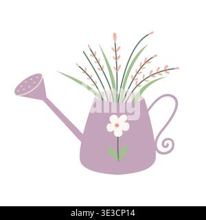 Cute watering can with floral arrangement in flat pastel style. Perfect for gardening, home decor, and spring design. Decorative botanical Stock Vector