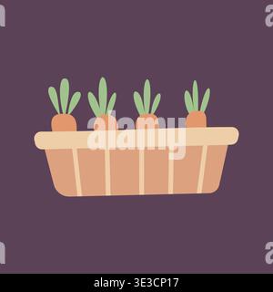 Flat illustration of carrots growing in a planter box. Perfect for gardening, farming, and healthy food design. Simple modern vegetable illustration. Stock Vector