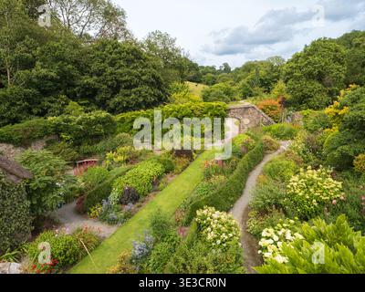 Overhead view of the Walled Garden lower terrace at The Garden House, Devon, UK in mid July Stock Photo