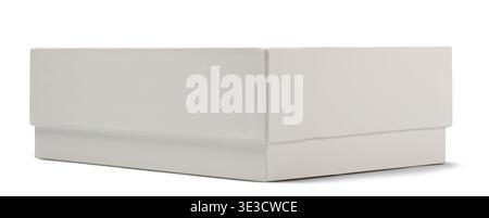 closed white rectangular cardboard box isolated white background, matte paper material with lid, mock-up template side view with shadow Stock Photo