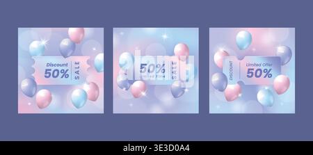 Sale coupon. 3d holographic voucher, shop discount gradient element or pastel promotion business label. Glossy balloons on soft bokeh gradient. Square social media promotional post. Vector background Stock Vector