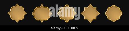 Ramadan frame. Luxury golden thai label, 3d islam gold shape or vintage chinese button, arabic arabesque pattern. Luxury decorative emblem or badge element. Vector background, isolated graphic set Stock Vector