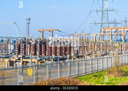 High voltage switching and protection devices at an electrical substation in Wednesbury, Birmingham Stock Photo