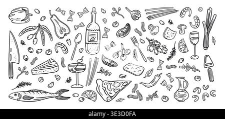 Doodle food. Vintage hand drawn Italy lunch drink, summer dish party art with olive, pasta for Italian menu. Assorted gastronomy ingredients, background banner design. Vector isolated line icons set Stock Vector
