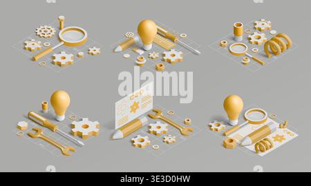Creative technology. 3D light bulb. Isometric innovation science idea in engineering industry. Engineer research. Magnifying glass and work gear. Repair tools. Invention lightbulb. Vector concepts set Stock Vector