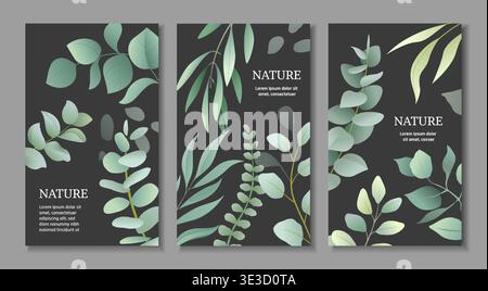 Watercolor flowers posters set. Botanical cards with foliage. Vertical nature templates. Eucalyptus leaves on a dark background. Natural elegance banners with copy space for text. Vector collection Stock Vector