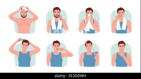 Man in shower. Hair care. Morning skin hygiene. Face wash and beard shave. Guy applying moisturizing cream. Male person taking bath and cleaning teeth at mirror. Beauty routine procedures vector set Stock Vector