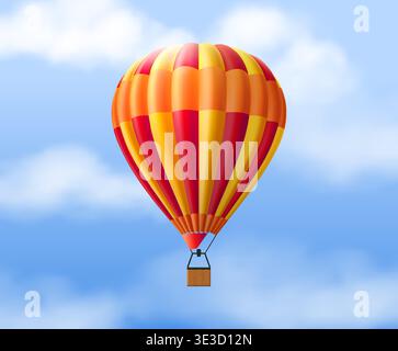 Hot air balloon. Realistic element striped aerostat with basket in clear blue sky with clouds, travel transport. Adventures and freedom. Journey or advertising object. Vector 3d isolated illustration Stock Vector