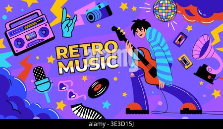 Music stickers. Retro concert doodle characters. Graphic rock party record or vintage groovy cool fest. Y2K boombox and gramophone. Funky discotheque. Rocker with guitar. Hippy disco vector banner Stock Vector
