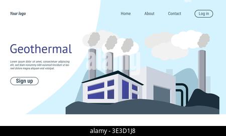 Power plant landing page. Geothermal station. Electricity generation. Renewable energy of water. Website design template. Alternative resource. Factory building. Hydropower turbines. Vector background Stock Vector