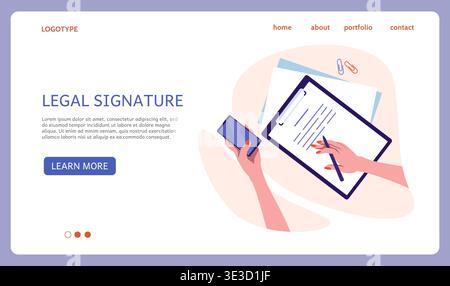 Contract legal signature. Website landing page design. Business agreement conclusion. Partner signing official documents. Businessman hands with deal papers and pen. Desk top view. Vector background Stock Vector