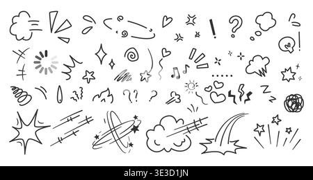 Comic effects. Sound scream elements, speech bubble or fight action burst. Burst, clouds and stars symbols. Japanese manga motion. Doodle stickers collection. Decoration notes. Vector isolated icons Stock Vector