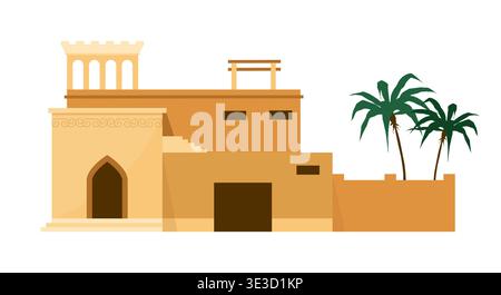 Desert heritage. Arabian building. Ancient house with fence and palm trees. Islamic stone homes. Traditional Moroccan architecture. Residential mansion facade. Arabic city landscape vector element Stock Vector
