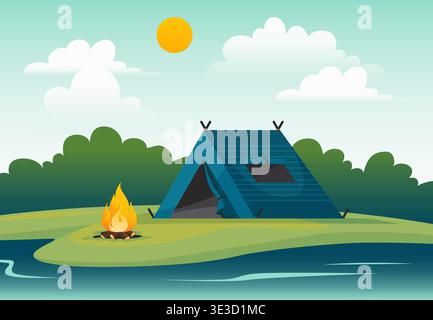 Camping in forest. Tent and campfire near lake or river. Relaxation on nature. Woodland picnic. Tourism background. Summer vacation expedition and hiking. Vector cartoon flat isolated illustration Stock Vector