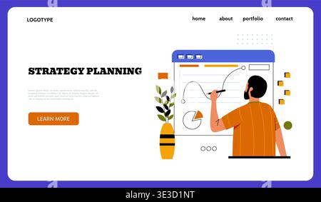 Business management landing page. Strategy planning. Project diagram. Website design template. Businessman with planner infographic. Professional manager at whiteboard. Plan chart. Vector background Stock Vector