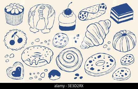 Blue line drawing of assorted sweet treats. Includes cupcakes, croissants, donuts, and layered cakes. Design feels cheerful and whimsical. Perfect for Stock Vector