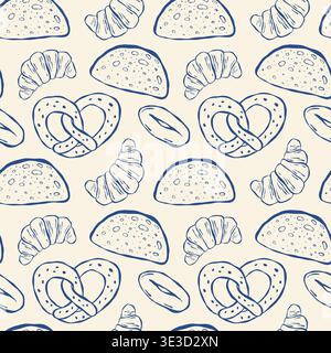 Hand drawn bakery items on cream background. Croissants, pretzels, and bread shapes repeat. Blue ink style, cozy bakery theme. Great for food packagin Stock Vector