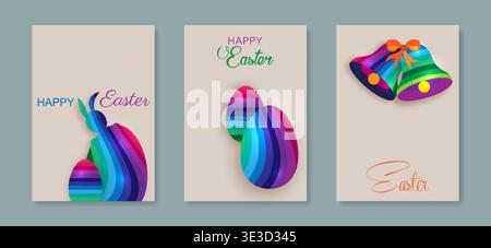 Easter set card of eggs, bunny, bells. Paper cut colorful striped. Happy Easter holiday invitations templates collection, hand drawn cover art. Vector Stock Vector