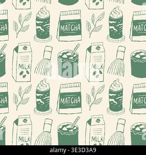 Patterned design features matcha tea bags, milk cartons, and bamboo whisk icons. Soft green tones on cream background. Ideal for tea themed branding, Stock Vector