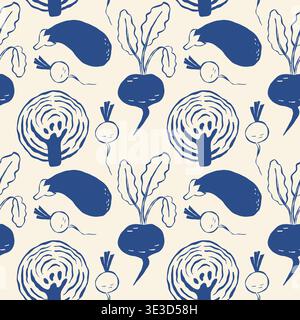 Blue vegetable pattern with radishes, beets, and turnips on cream background. Clean, minimalist line art design suitable for food, health, or eco them Stock Vector