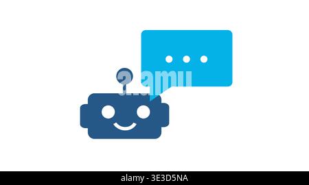 Duotone blue chatbot icon featuring a smiling robot with a speech bubble. Stock Vector