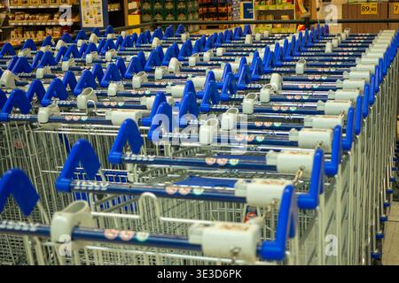 Rows of shopping carts line supermarkets, Brno March 21, 2026 Stock Photo