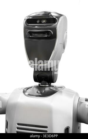 Modern humanoid robot closeup face head shot isolated on white background.(With clipping path) Stock Photo