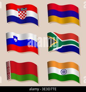 Large vector set of wavy flags of the world Stock Vector