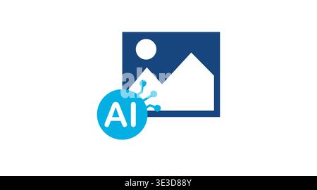 Duotone blue icon of a classic image placeholder with AI letters and circuit connections. Stock Vector