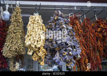 Various bundles of dried foods, including peppers, tomatoes and other vegetables, Market, Karahayit, Karahiyit, Pamukkale, Denizli, Turkey Stock Photo