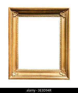 Vertical wide retro wood painting frame with cut-out canvas, against white background Stock Photo