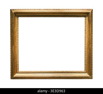 Horizontal wide retro wooden picture frame with cut-out canvas, against white background Stock Photo