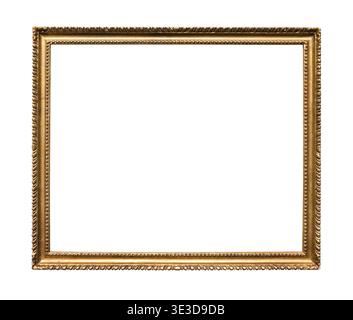 Horizontal old narrow wooden painting frame with cut-out canvas, against white background Stock Photo