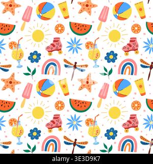 Summertime vector pattern with beach elements. Cute doodle seamless background with sun, ice cream, flowers and dragonfly. Playful colorful repeat vec Stock Vector