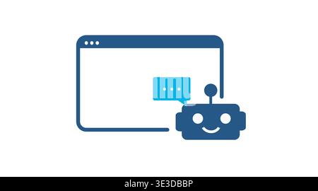 Duotone blue chatbot icon featuring a smiling robot with a speech bubble and a website interface in the background Stock Vector