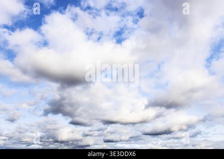 Lots of white, fluffy cumulus clouds in the dark blue sky on September day Stock Photo