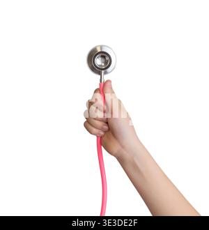 hand holding stethoscope isolated on white background representing healthcare, medical examination and patient diagnosis concept Stock Photo