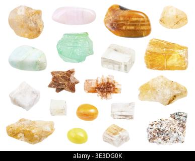 Set of various calcite gemstones on a white background Stock Photo