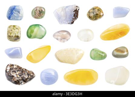 Set of various agate gemstones on a white background Stock Photo