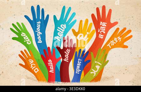 Colorful hands with Hello in many languages symbolizing global diversity inclusion and equality Stock Vector