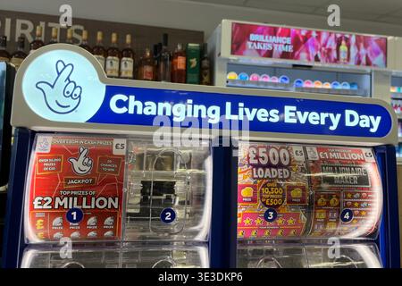 National Lottery Scratchcards on sale at a TESCO Supermarket in Swansea, Wales, United Kingdom. 12th September 2025. Stock Photo