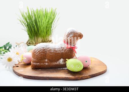 Easter lamb cake with eggs and wheat grass Stock Photo