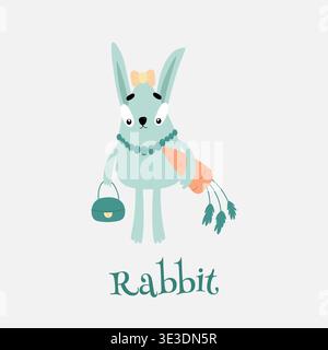 A cute rabbit with big ears, a bow on her head and a handbag in her hands, beads around her neck holding an orange carrot in her hands. Stock Vector