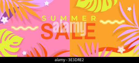 Summer sale bright banner, hot poster with tropical leaves and offer discount text. Season promotion two-color template. Invitation for limited time shopping with clearance,template for design. Vector Stock Vector